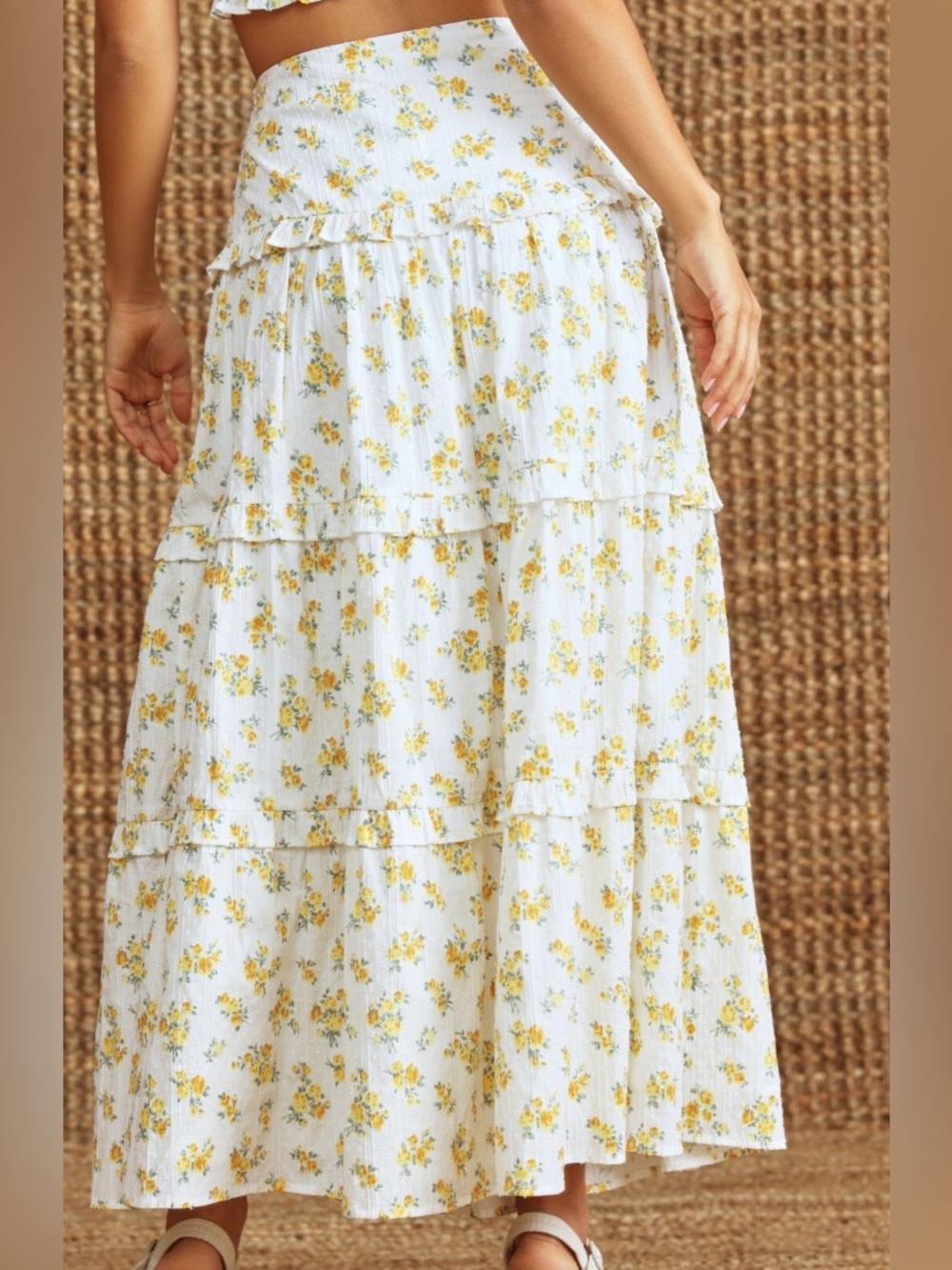 Altar'd State Yellow Floral Tiered Maxi Skirt Cotton Boho Eyelet White S - Picture 9 of 16